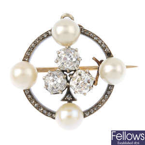 A late Victorian diamond and pearl brooch.