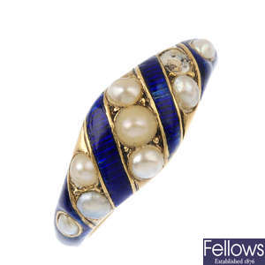 A late Victorian split pearl and enamel ring.