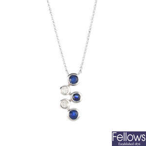 An 18ct gold sapphire and diamond pendant, on chain.