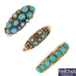 Three late 19th to early 20th century gold turquoise rings.