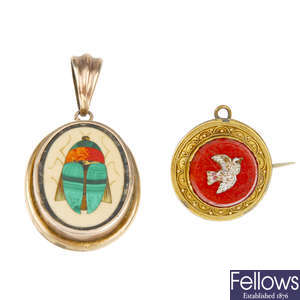 A late 19th century micro mosaic brooch and pietra dura memorial pendant.