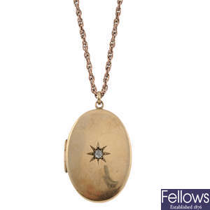 A 9ct gold diamond locket with chain. 