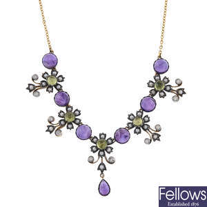 An amethyst, peridot, pearl and diamond necklace.