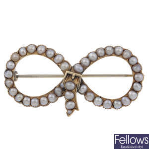 A late 19th century gold seed pearl brooch. 