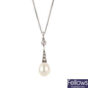 A freshwater cultured pearl and diamond pendant, with a 9ct gold chain.