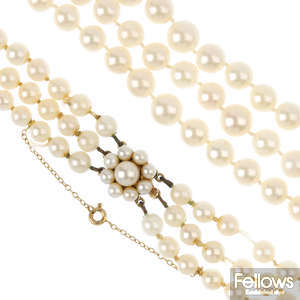 A cultured pearl three-row necklace, with cultured pearl clasp.