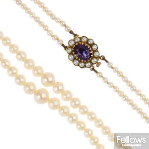 A cultured pearl two-row necklace, with amethyst and split pearl cluster clasp.
