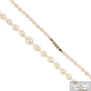 A pearl necklace, with early 20th century 9ct gold seed pearl clasp.