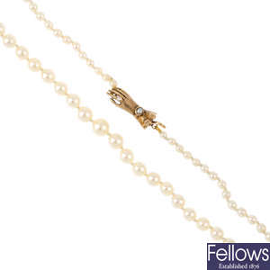 A cultured pearl single-strand necklace, with 9ct gold gem-set hand clasp.
