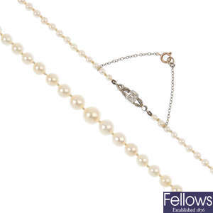 A cultured pearl necklace, with diamond clasp.