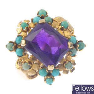 A 1960s 9ct gold amethyst and turquoise dress ring.