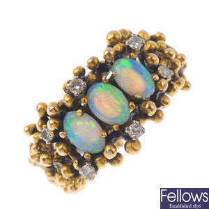 A 1970s gold opal and diamond ring.