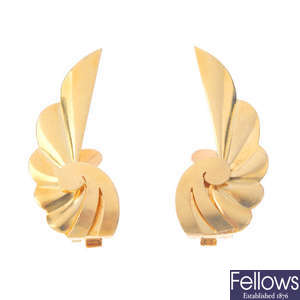 A pair of 1970s 18ct gold earrings.