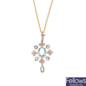 An early 20th century aquamarine and diamond pendant, with chain.