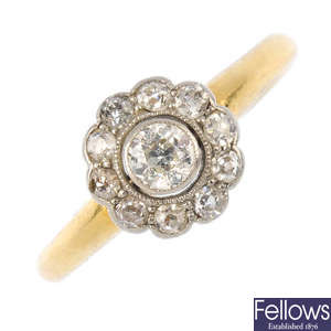A mid 20th century 18ct gold cluster ring.