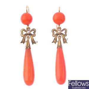 A pair of coral, pearl and enamel earrings.