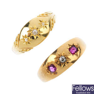 Two late Victorian 18ct gold diamond and gem-set rings.