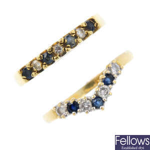 Two 18ct gold diamond and sapphire rings.