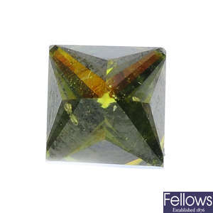 A square-shape coloure treated 'green' diamond, weighing 0.99ct.