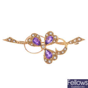 A 9ct gold amethyst and split pearl brooch.