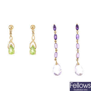 Six pairs gem-set earrings.