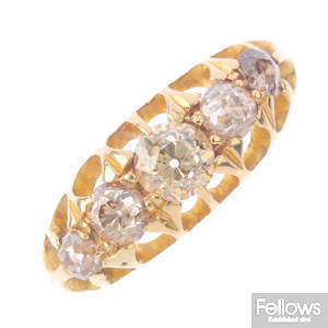 An Edwardian 18ct gold diamond five-stone ring.