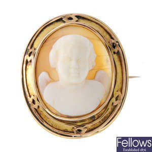 A late Victorian gold shell cameo brooch.