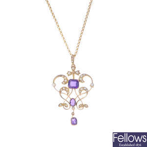 An early 20th century 9ct gold amethyst and split pearl pendant, with 9ct gold chain.