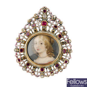 A portrait miniature, enamel and gem-set pendant.