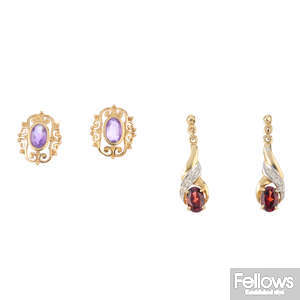 Eight pairs of gem-set earrings.