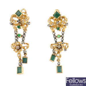 (132724-4-A) A pair of 18ct gold emerald and diamond earrings.