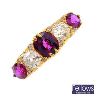 (545957-1-A) An Edwardian 18ct gold ruby and diamond five-stone ring