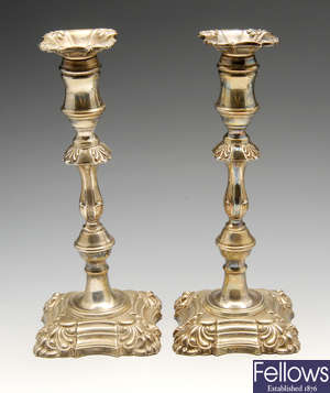 A pair of mid-20th century silver candlesticks in Georgian style.