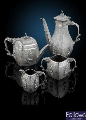 A Victorian silver four piece tea set in Indian style.