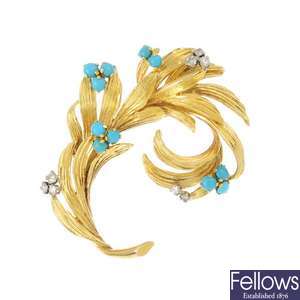 A 1960s 18ct gold diamond and turquoise brooch.