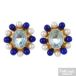 A pair of 9ct gold topaz, lapis lazuli and cultured pearl stud earrings.