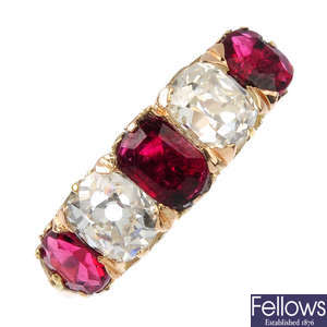 A ruby and diamond five-stone ring.