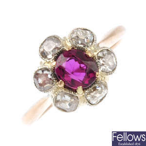 A Thai ruby and diamond floral cluster ring.