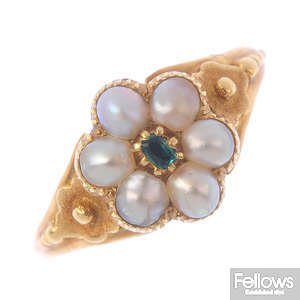 A mid Victorian gold emerald and split pearl floral cluster ring.