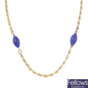 A lapis lazuli bead necklace.