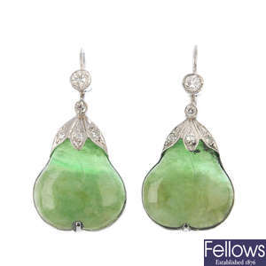 A pair of natural jade and diamond earrings.