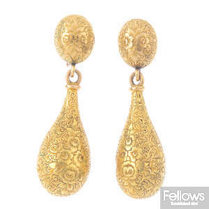 A pair of mid Victorian gold earrings.