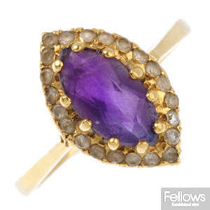 An 18ct gold 1960s amethyst and sapphire cluster ring.