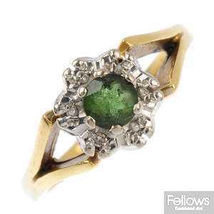 A 1970s 18ct gold tourmaline and diamond cluster ring.
