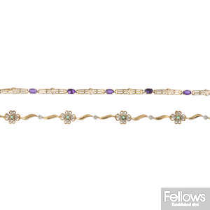 Two 9ct gold gem-set and diamond bracelets and a stickpin.