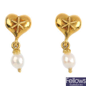 A pair of 18ct gold cultured pearl earrings.
