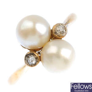 MIKIMOTO - an early 20th century 15ct gold cultured pearl and diamond ring.