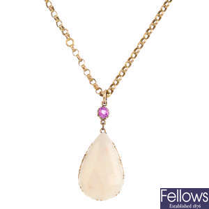 An opal and pink sapphire pendant, with chain.