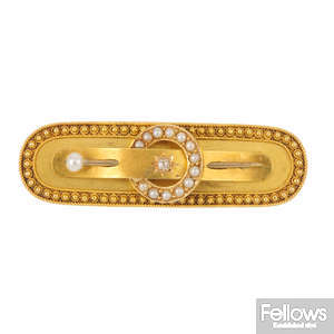 A late Victorian 15ct gold diamond and cultured pearl brooch.