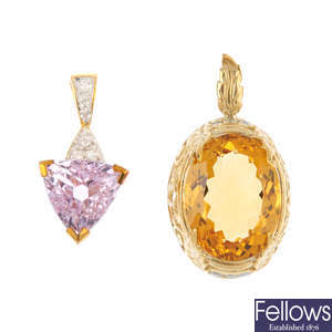 Four 9ct gold gem-set pendants.